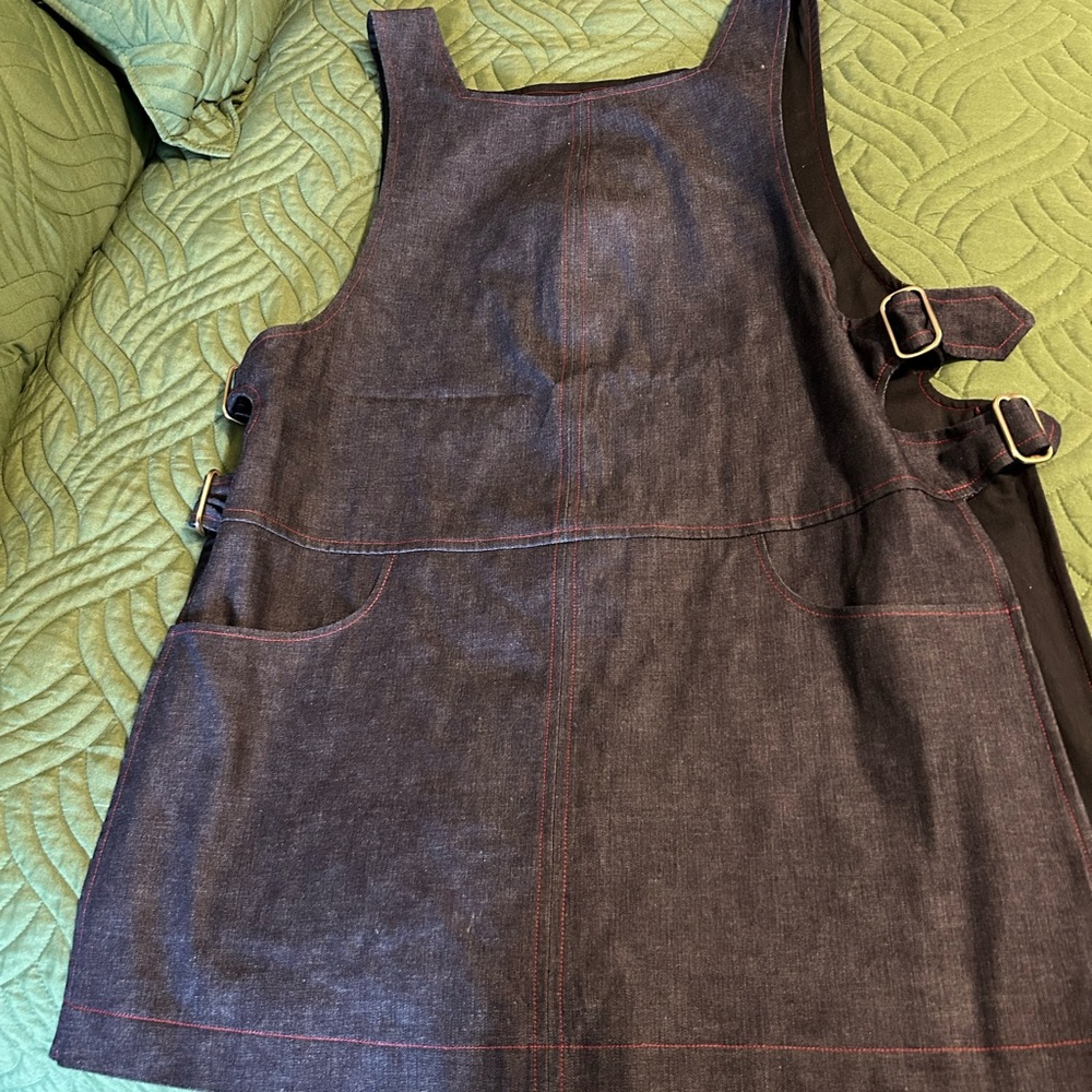 Denim Designed and hand tailored dark Apron Dress with Buckle Side Detail